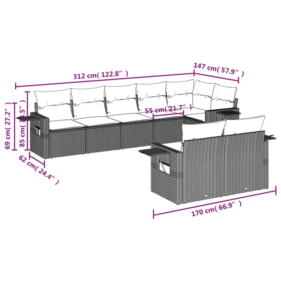 Ensemble de canapé de jardin 8 pcs avec coussins gris résine tressée - 8