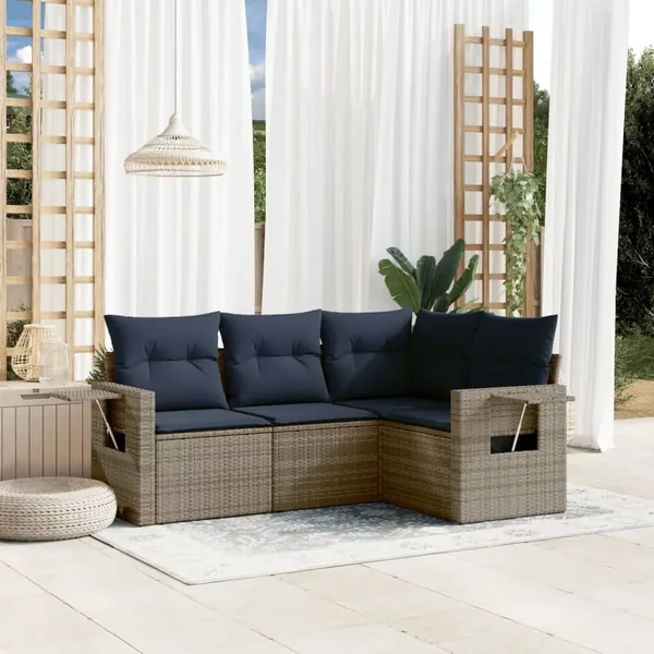 Ensemble de canapé de jardin 4 pcs avec coussins gris résine tressée