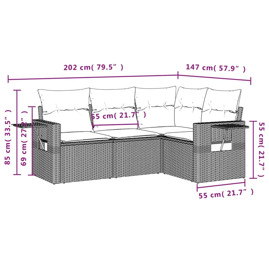 Ensemble de canapé de jardin 4 pcs avec coussins gris résine tressée - 8