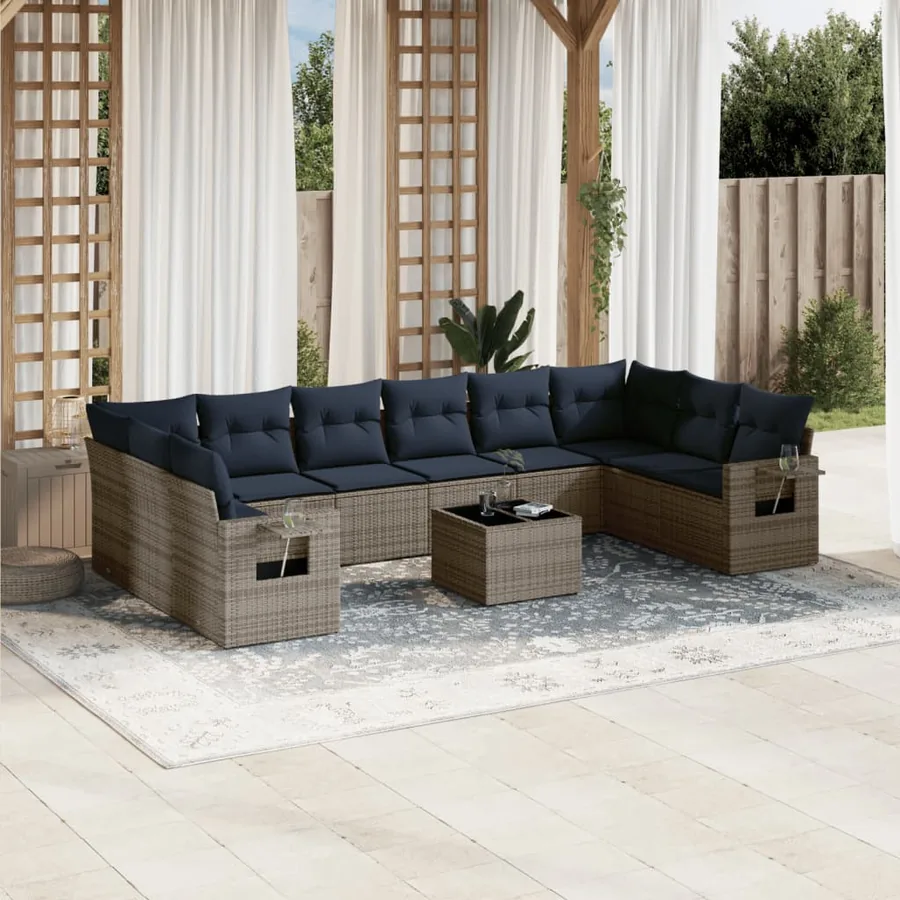 Ensemble de canapé de jardin 11 pcs avec coussins gris résine tressée