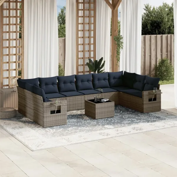 Ensemble de canapé de jardin 11 pcs avec coussins gris résine tressée