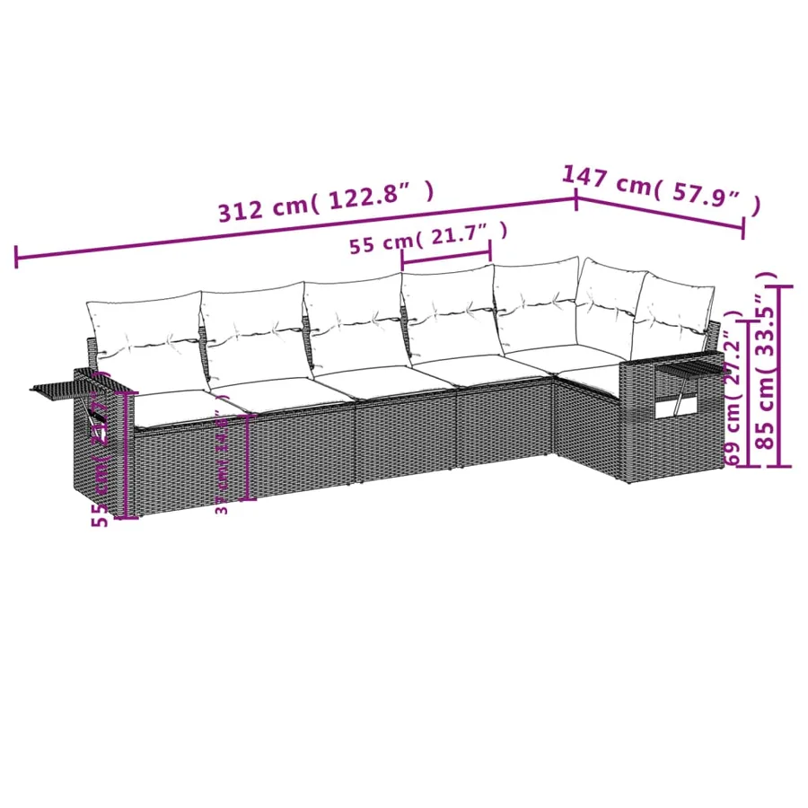 Ensemble de canapé de jardin 6 pcs avec coussins gris résine tressée - 8