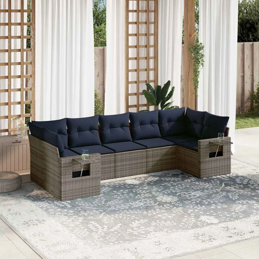 Ensemble de canapé de jardin 7 pcs avec coussins gris résine tressée