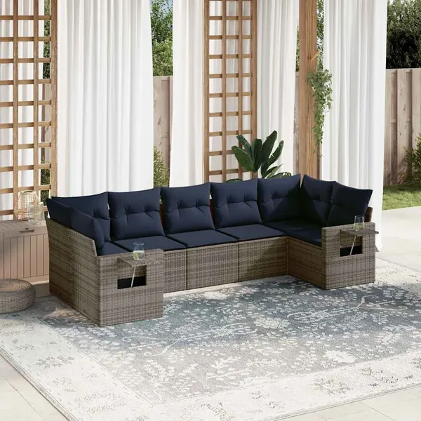 Ensemble de canapé de jardin 7 pcs avec coussins gris résine tressée