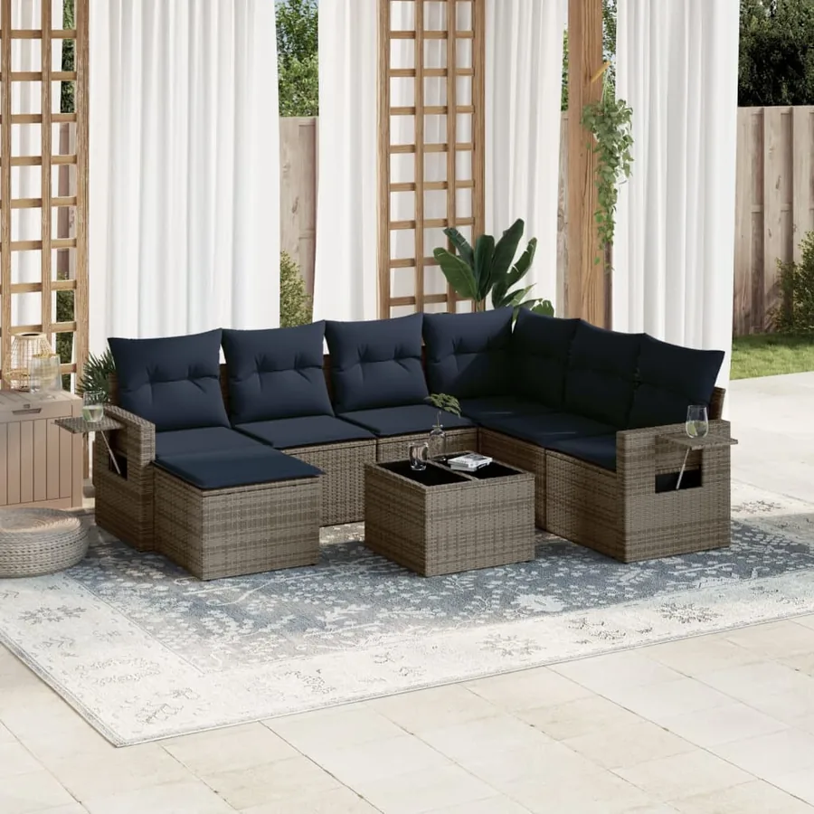 Ensemble de canapé de jardin 8 pcs avec coussins gris résine tressée