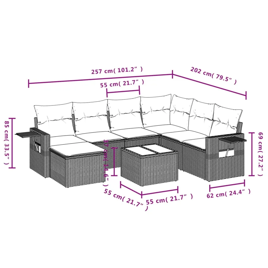 Ensemble de canapé de jardin 8 pcs avec coussins gris résine tressée - 10
