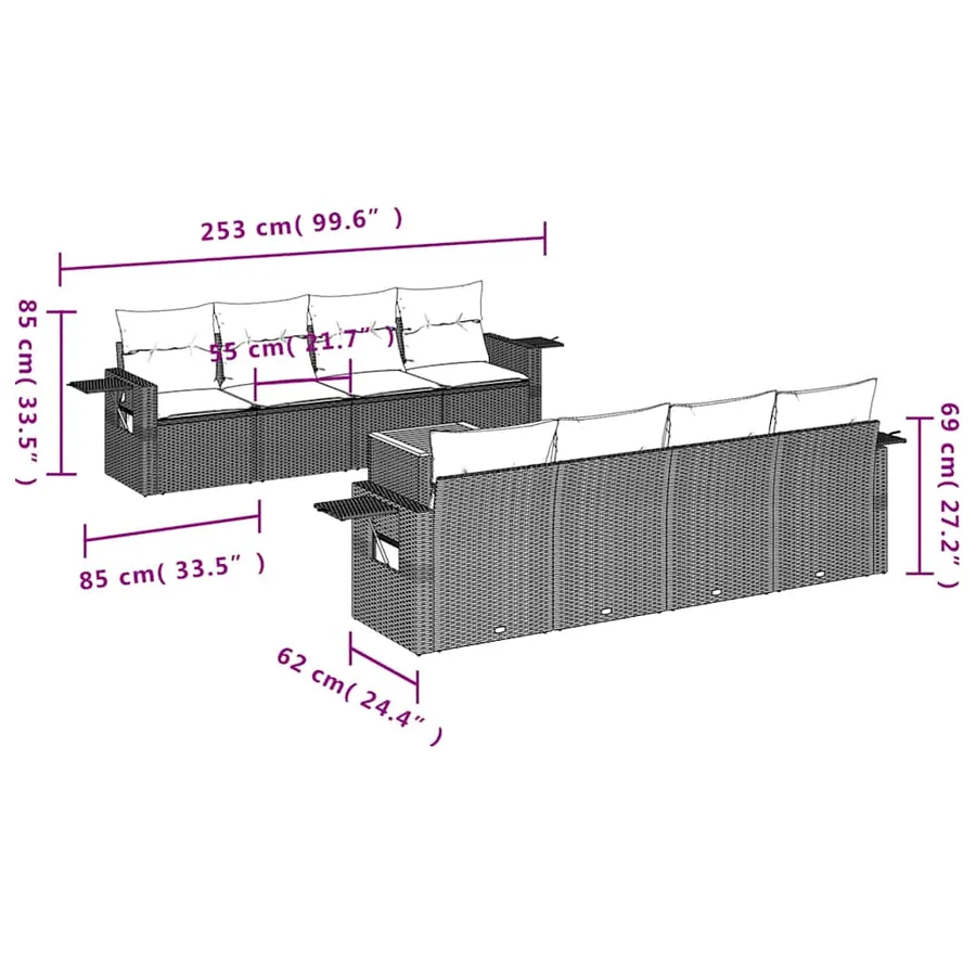 Ensemble de canapé de jardin 9 pcs avec coussins gris résine tressée - 8