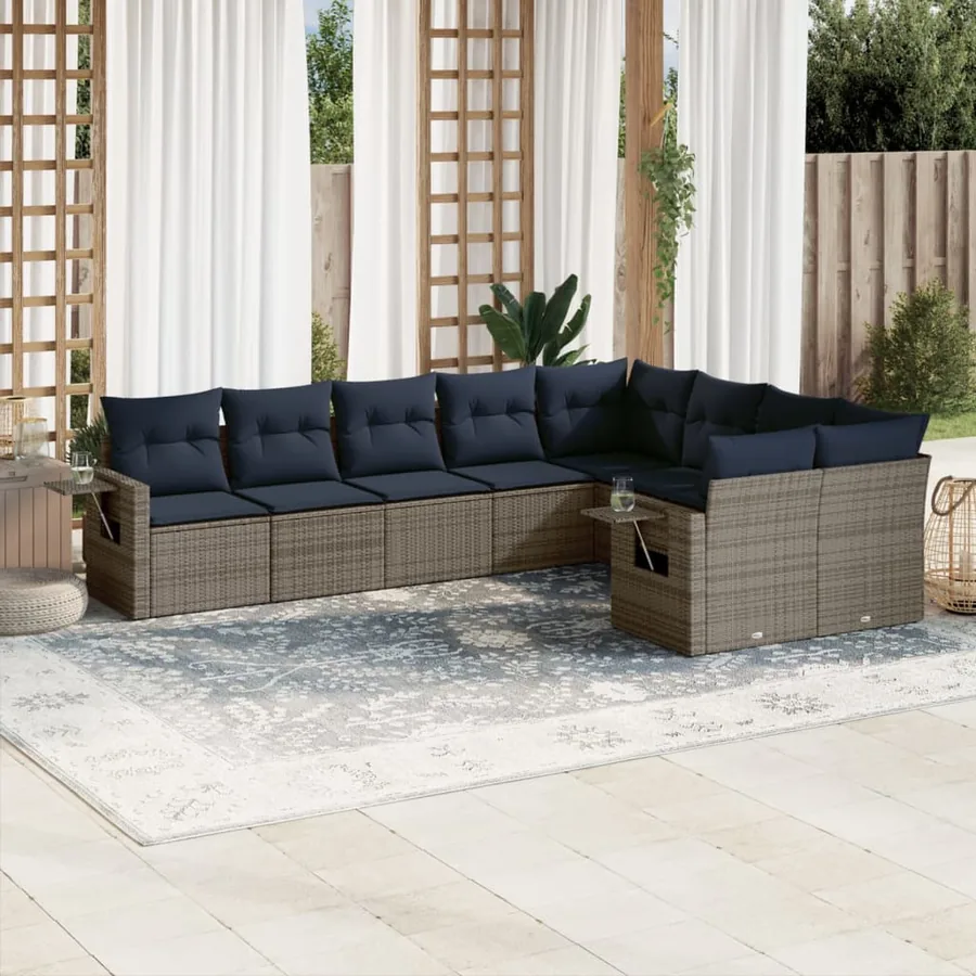 Ensemble de canapé de jardin 9 pcs avec coussins gris résine tressée