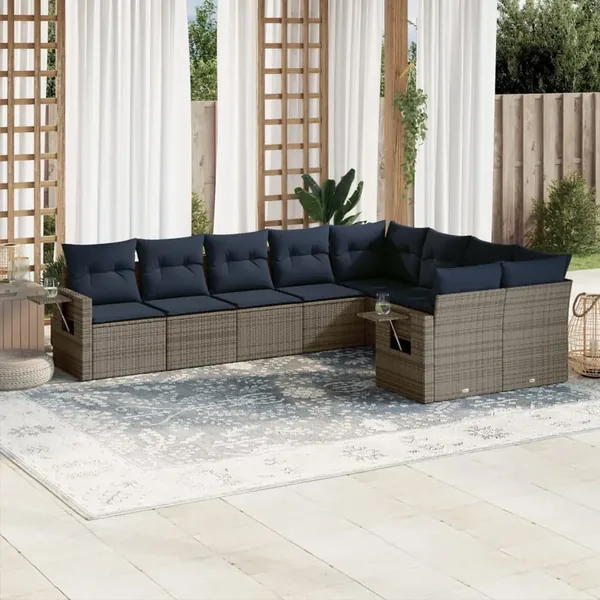 Ensemble de canapé de jardin 9 pcs avec coussins gris résine tressée