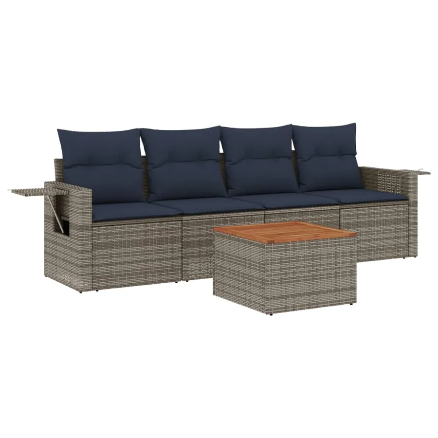 Ensemble de canapé de jardin 5 pcs avec coussins gris résine tressée - 2