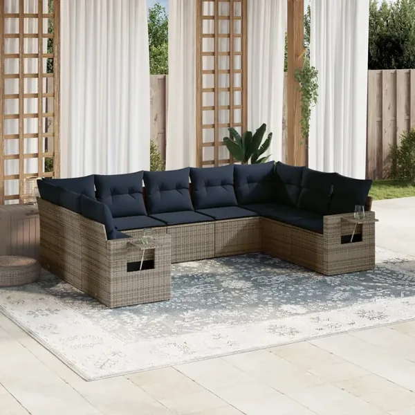 Ensemble de canapé de jardin 9 pcs avec coussins gris résine tressée