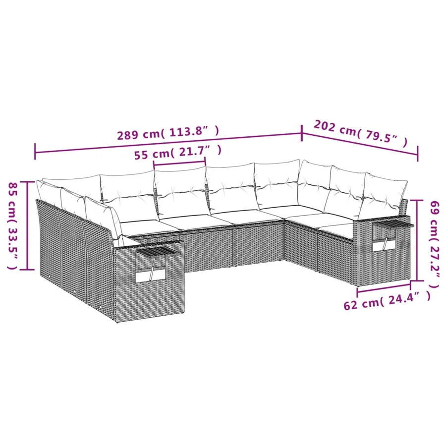 Ensemble de canapé de jardin 9 pcs avec coussins gris résine tressée - 8