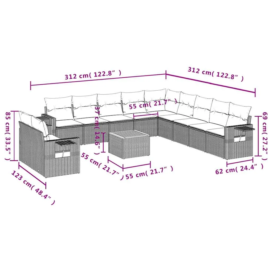 Ensemble de canapé de jardin 12 pcs avec coussins gris résine tressée - 9