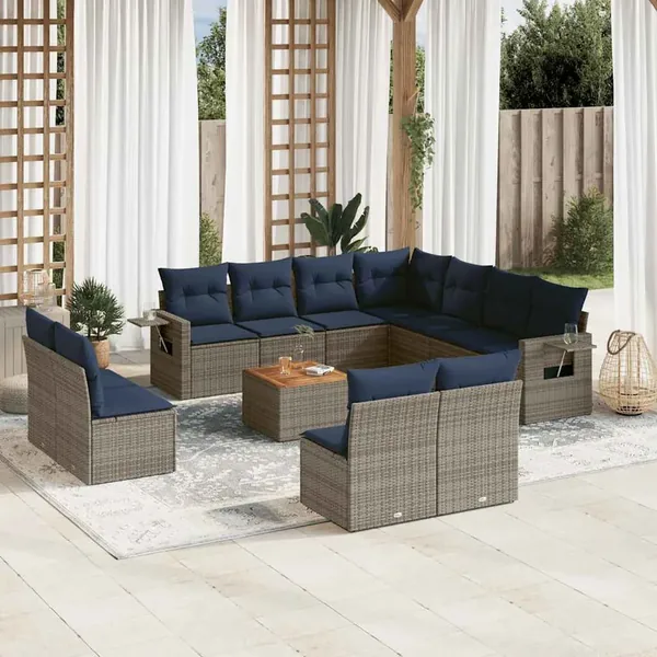 Ensemble de canapé de jardin 12 pcs avec coussins gris résine tressée
