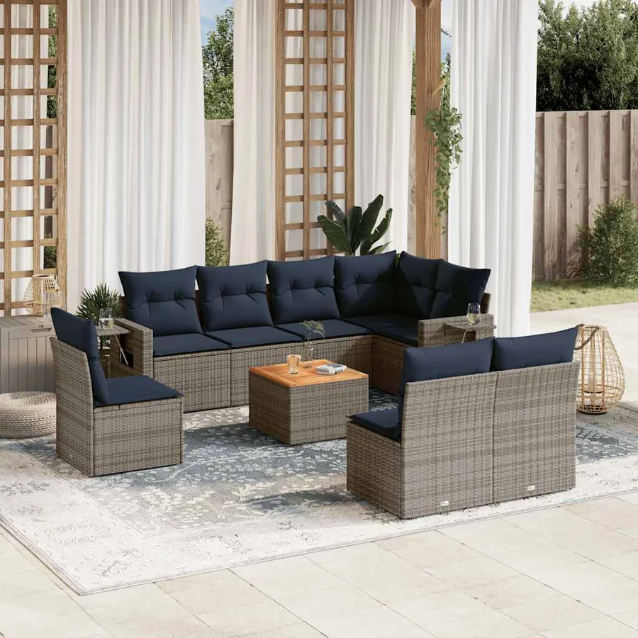 Ensemble de canapé de jardin 9 pcs avec coussins gris résine tressée