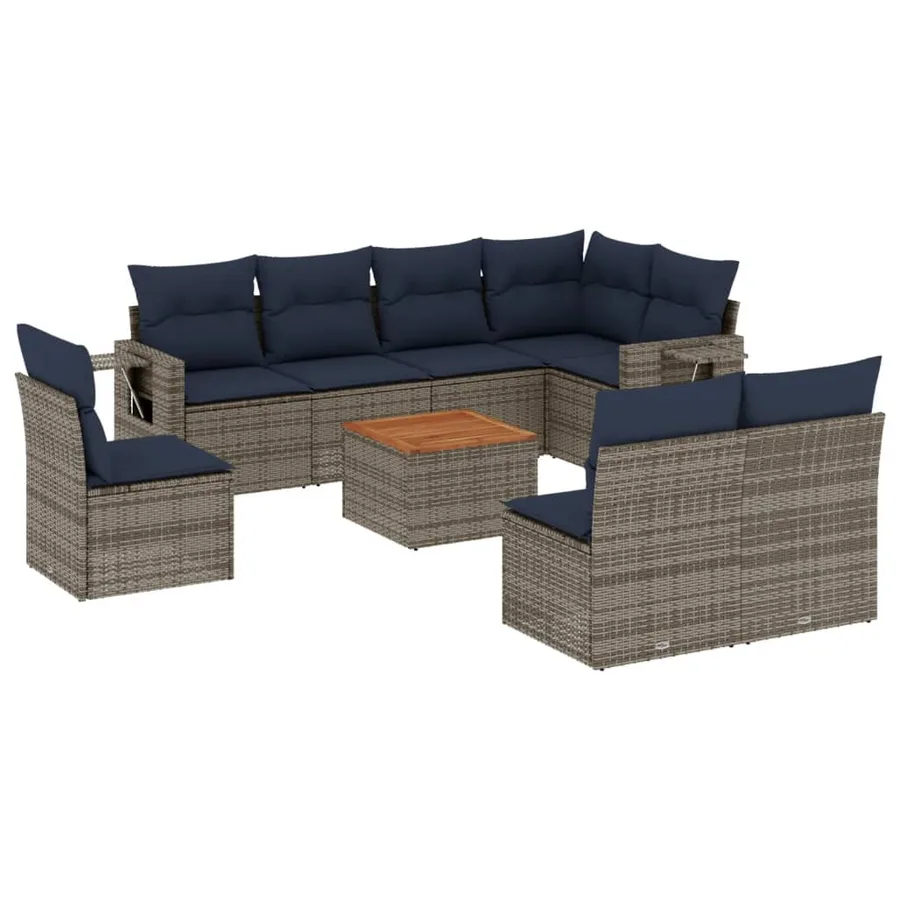 Ensemble de canapé de jardin 9 pcs avec coussins gris résine tressée - 2