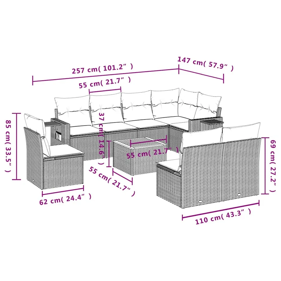 Ensemble de canapé de jardin 9 pcs avec coussins gris résine tressée - 9