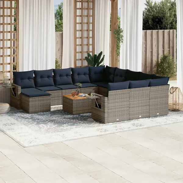 Ensemble de canapé de jardin 13 pcs avec coussins gris résine tressée