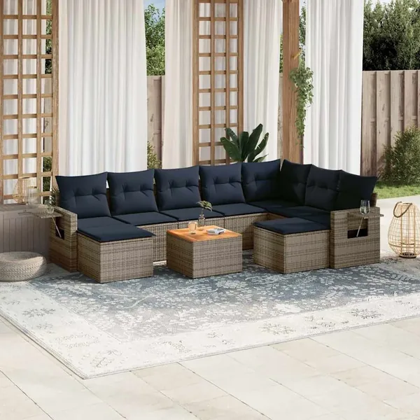 Ensemble de canapé de jardin 10 pcs avec coussins gris résine tressée