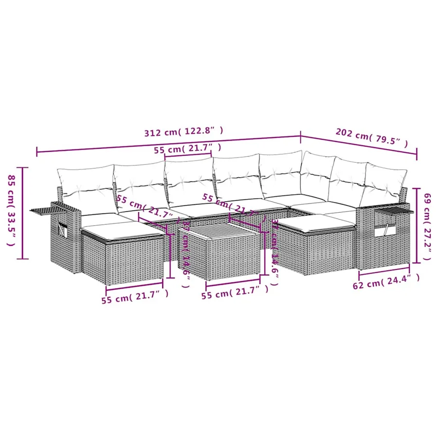Ensemble de canapé de jardin 10 pcs avec coussins gris résine tressée - 10