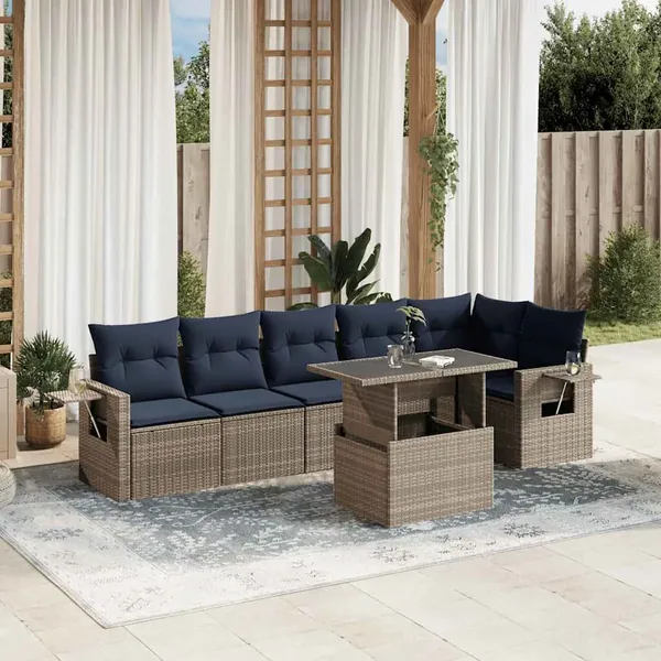 Ensemble de canapé de jardin 7 pcs avec coussins gris résine tressée