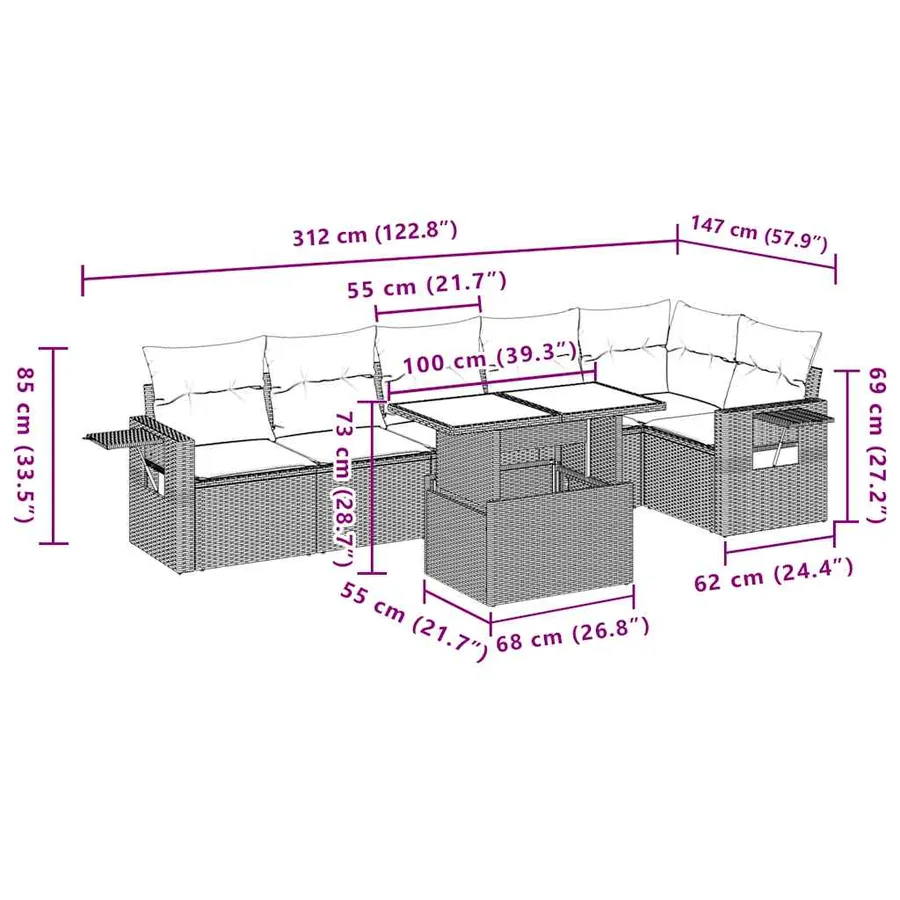 Ensemble de canapé de jardin 7 pcs avec coussins gris résine tressée - 11