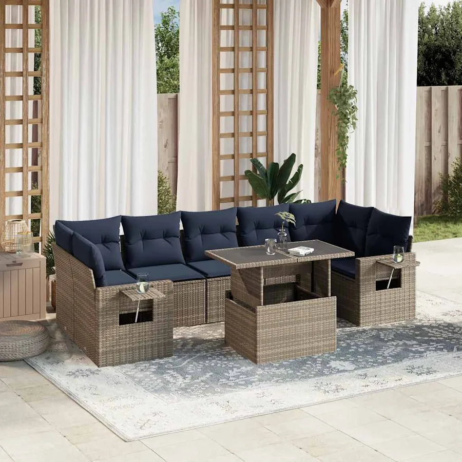Ensemble de canapé de jardin 8 pcs avec coussins gris résine tressée