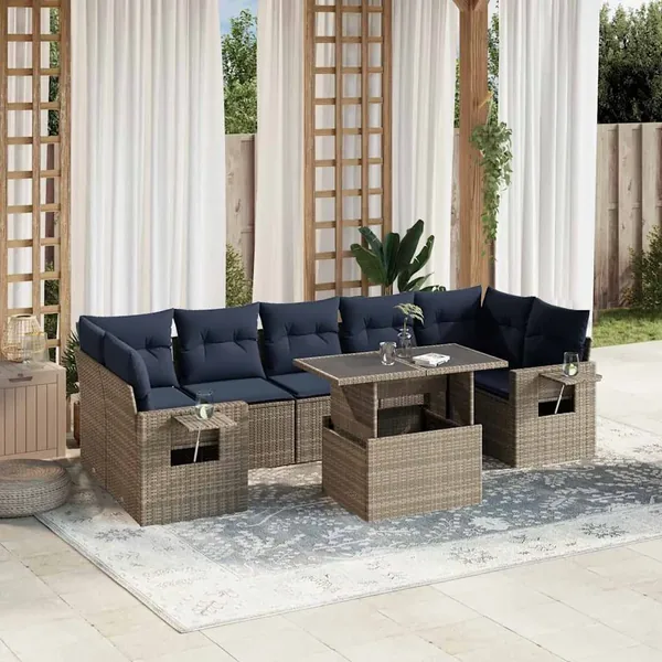 Ensemble de canapé de jardin 8 pcs avec coussins gris résine tressée