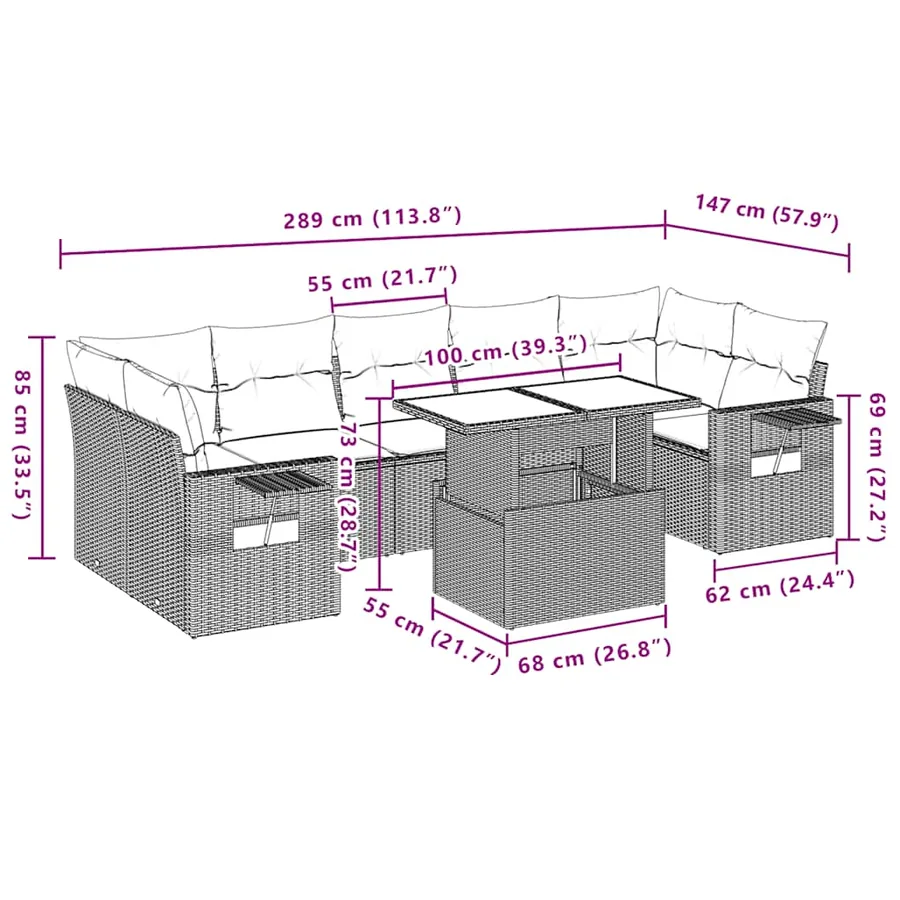 Ensemble de canapé de jardin 8 pcs avec coussins gris résine tressée - 11
