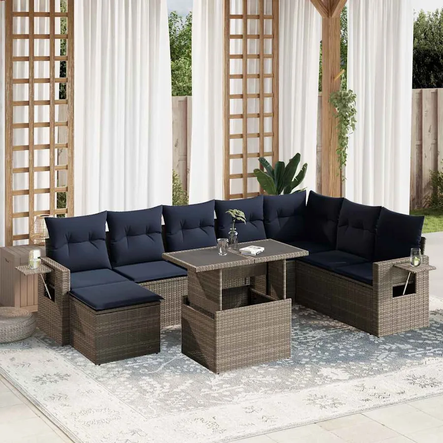 Ensemble de canapé de jardin 9 pcs avec coussins gris résine tressée