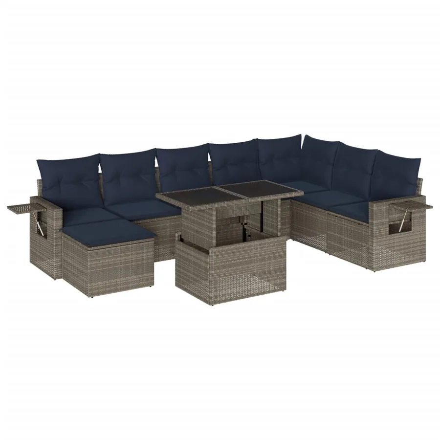 Ensemble de canapé de jardin 9 pcs avec coussins gris résine tressée - 2