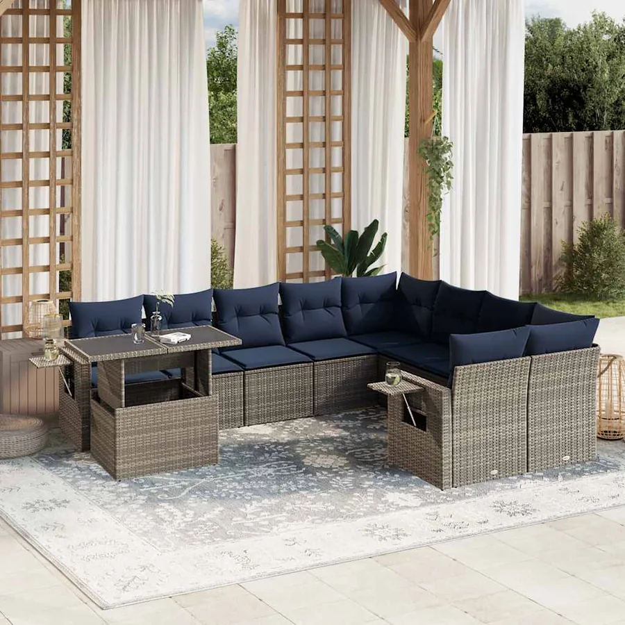 Ensemble de canapé de jardin 10 pcs avec coussins gris résine tressée
