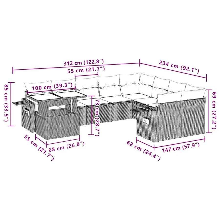 Ensemble de canapé de jardin 10 pcs avec coussins gris résine tressée - 11