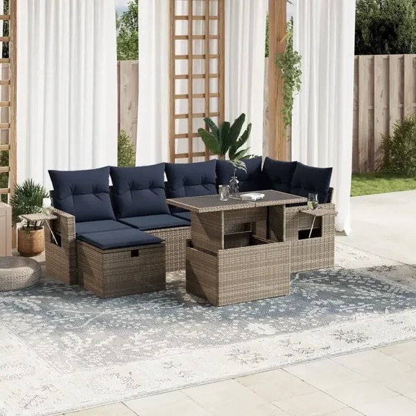 Ensemble de canapé de jardin 7 pcs avec coussins gris résine tressée