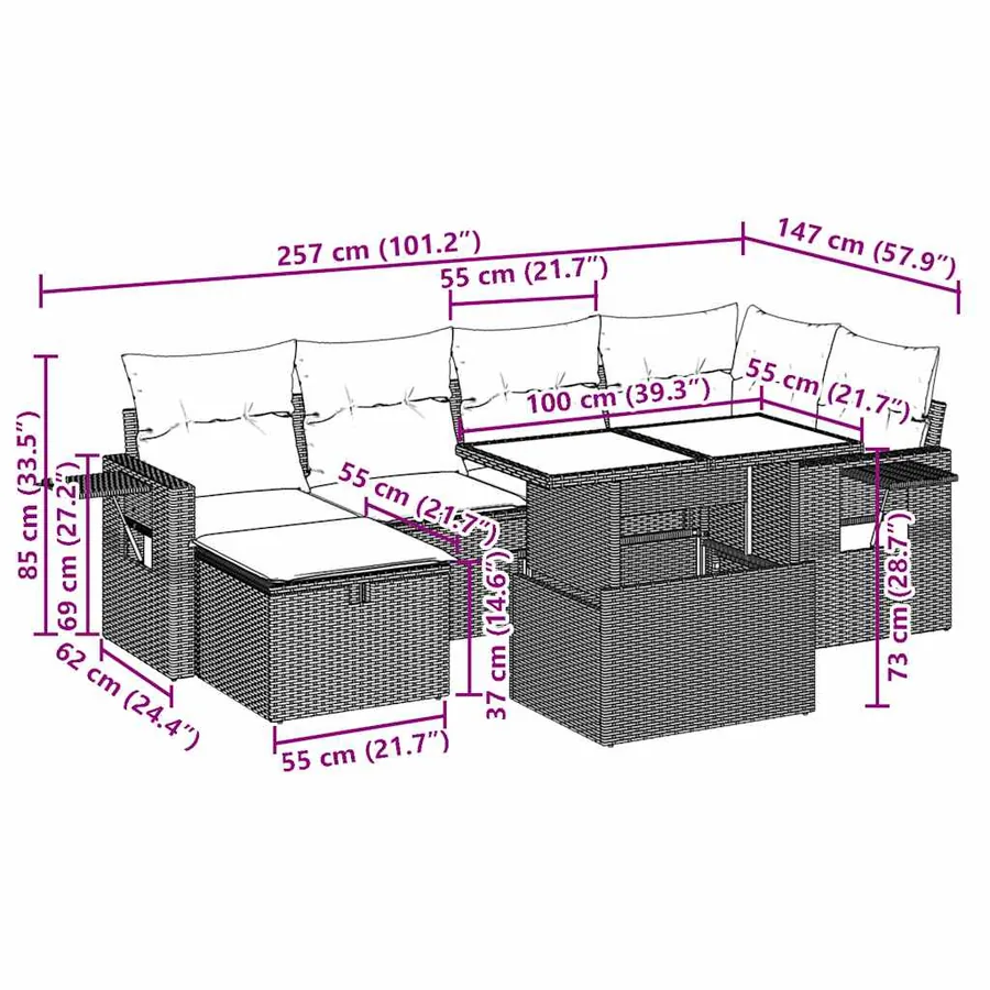 Ensemble de canapé de jardin 7 pcs avec coussins gris résine tressée - 14
