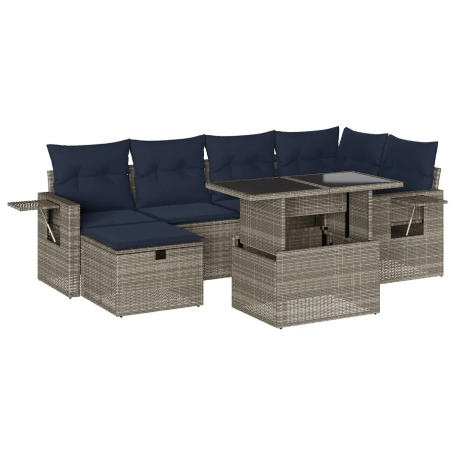 Ensemble de canapé de jardin 7 pcs avec coussins gris résine tressée - 2