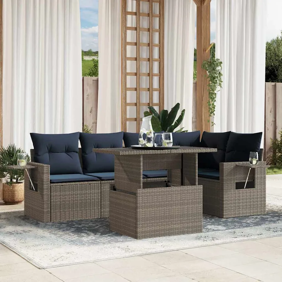 Ensemble de canapé de jardin 6 pcs avec coussins gris résine tressée