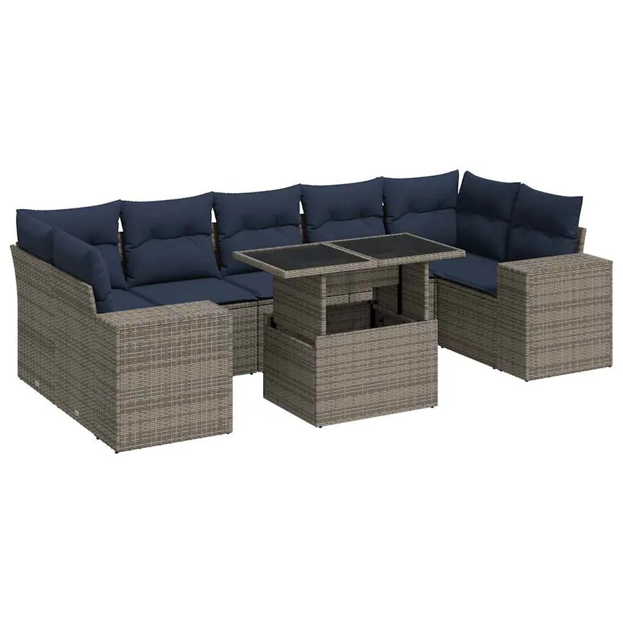 Salon de jardin avec coussins 8 pcs gris résine tressée acacia - 2
