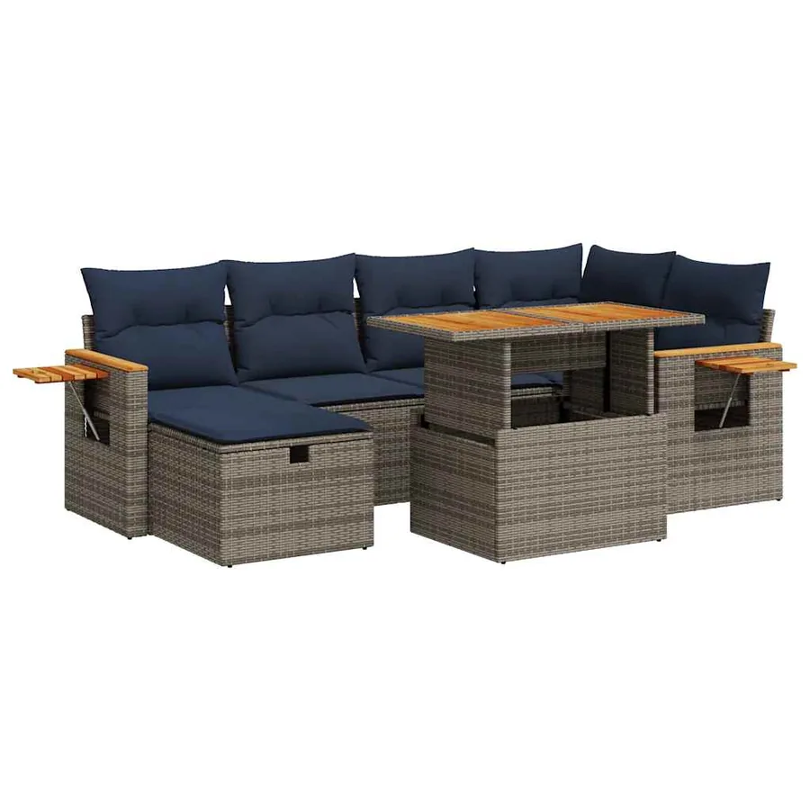 Salon de jardin avec coussins 7 pcs gris résine tressée acacia - 2