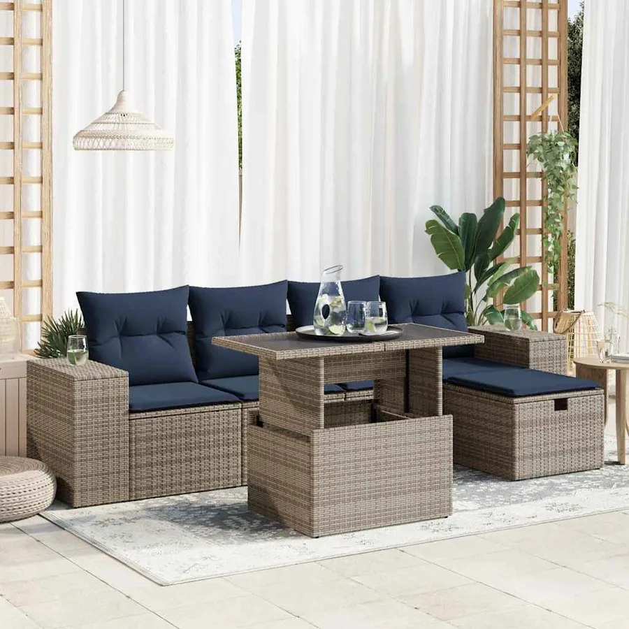 Salon de jardin avec coussins 6pcs marron résine tressée acacia