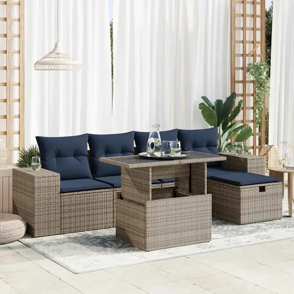 Salon de jardin avec coussins 6pcs marron résine tressée acacia