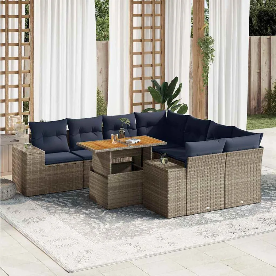 Salon de jardin 9 pcs avec coussins gris résine tressée