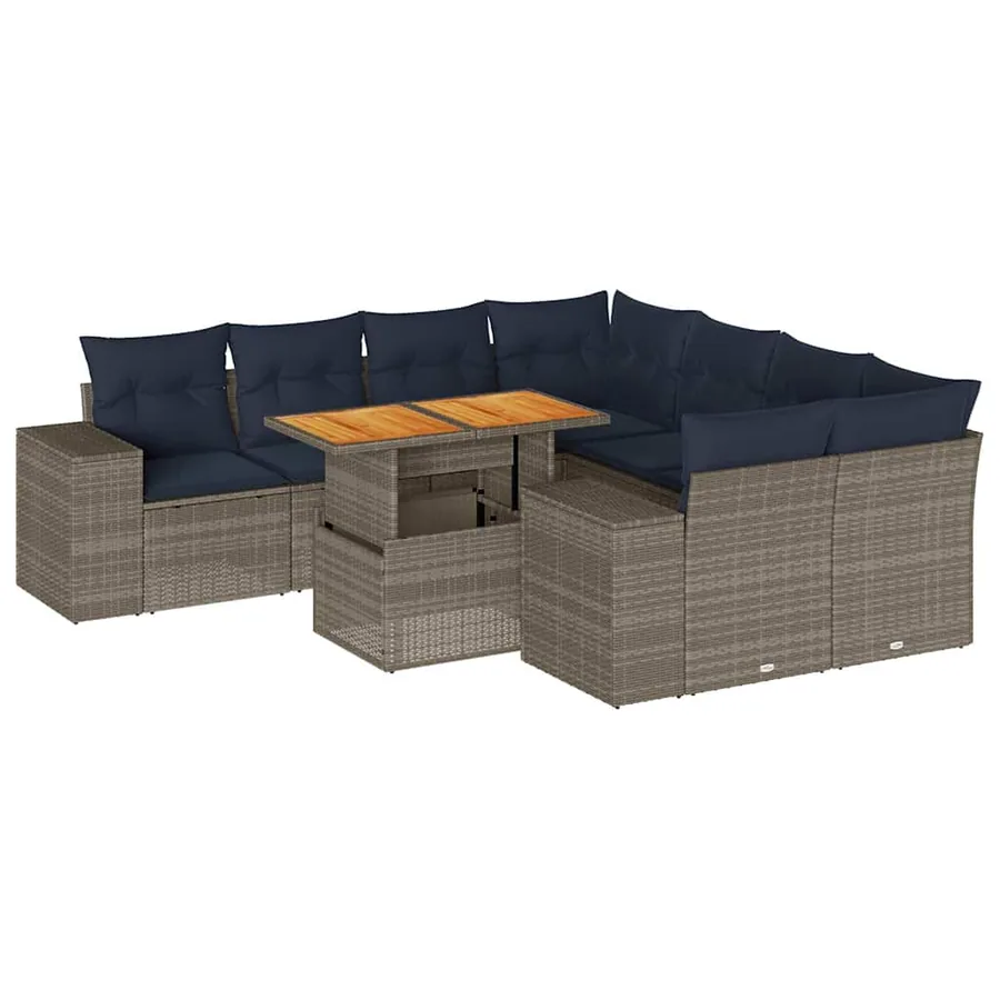 Salon de jardin 9 pcs avec coussins gris résine tressée - 2