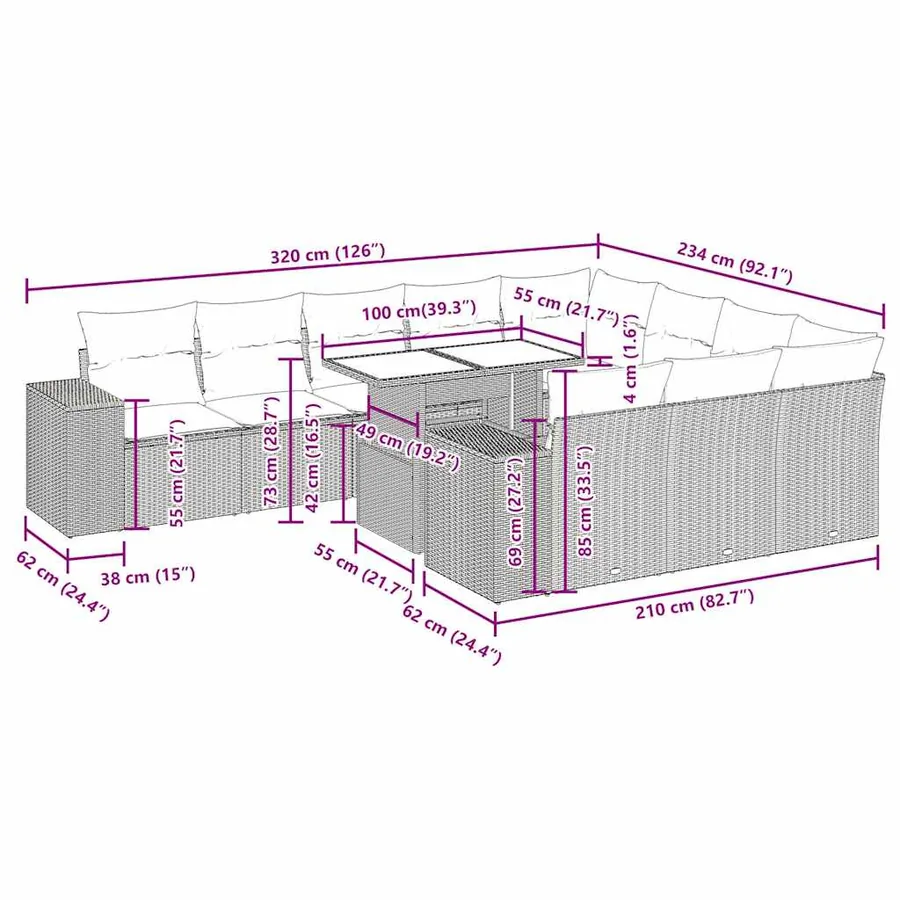 Ensemble de canapés de jardin 11 pcs et coussins rotin acacia - 14