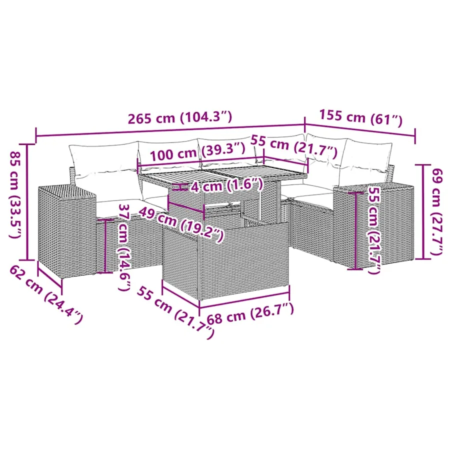 Salon de jardin 6 pcs avec coussins gris résine tressée - 16