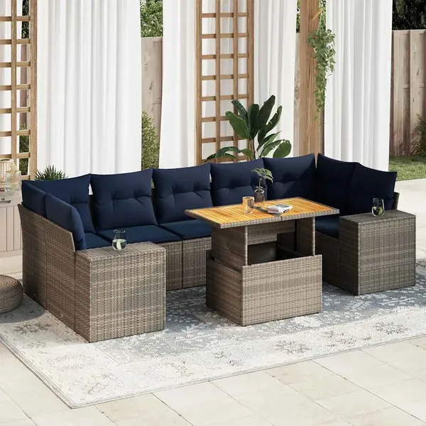 Salon de jardin 8 pcs avec coussins gris résine tressée