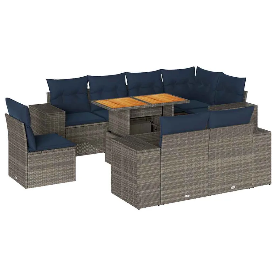Salon de jardin 9 pcs avec coussins gris résine tressée - 2