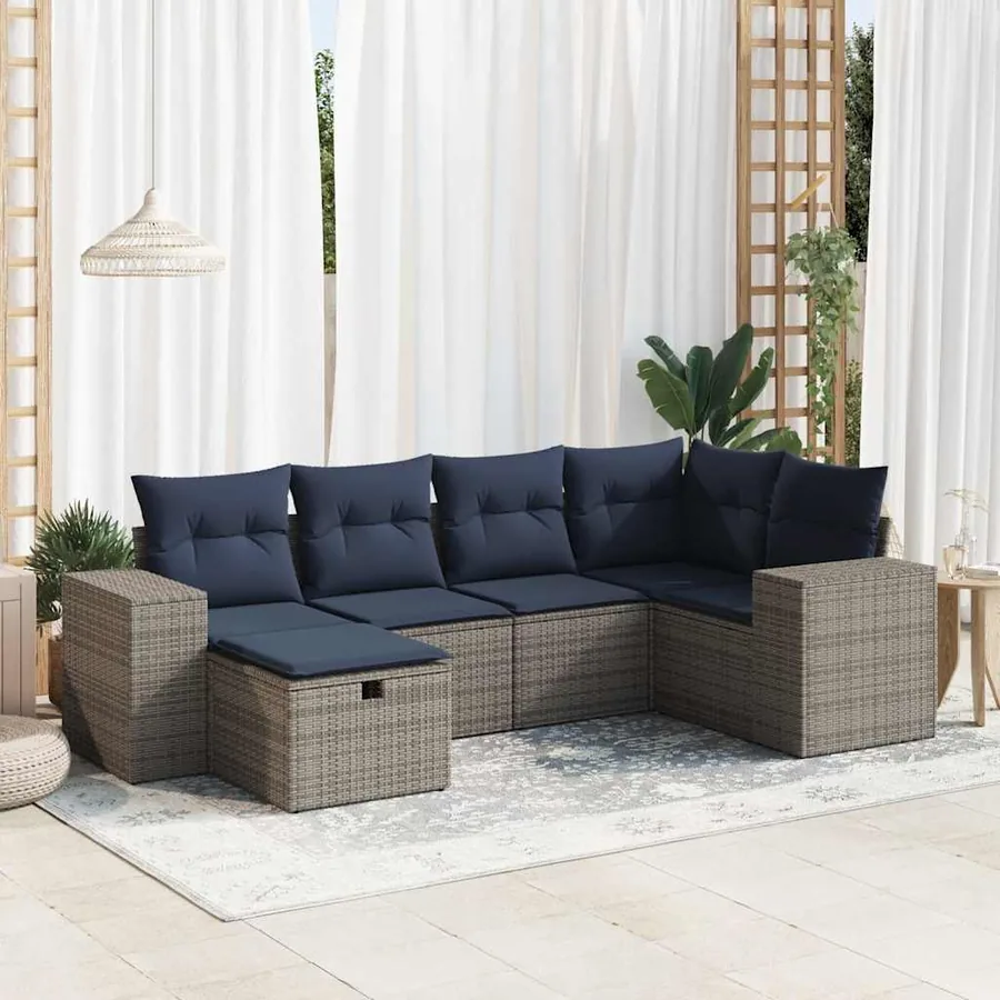 Salon de jardin 6 pcs avec coussins gris résine tressée