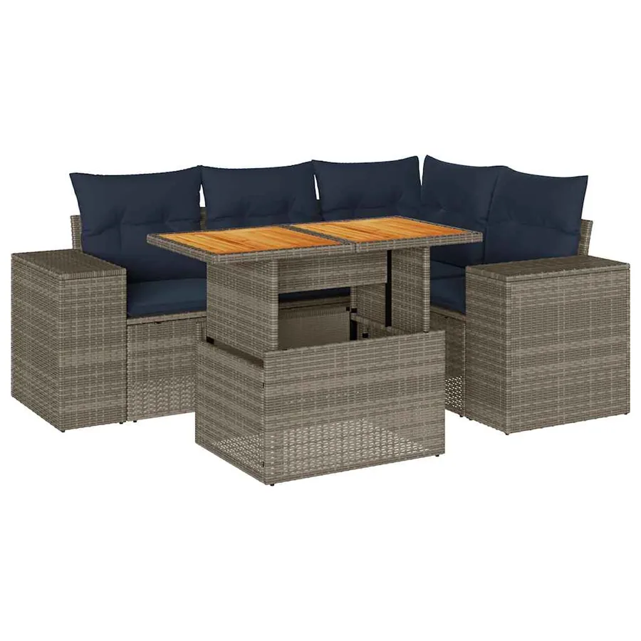 Salon de jardin 5 pcs avec coussins gris résine tressée - 2