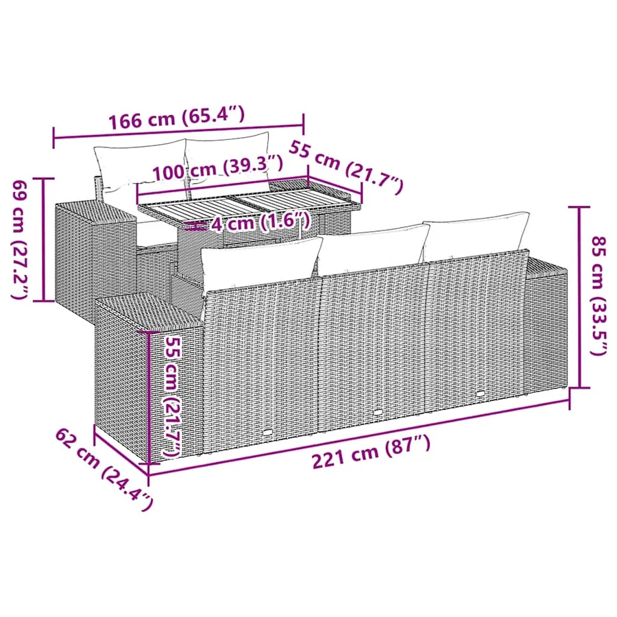 Salon de jardin 6 pcs avec coussins gris résine tressée - 12